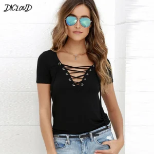 Short Sleeve Lace Hollow V-Neck T-Shirt